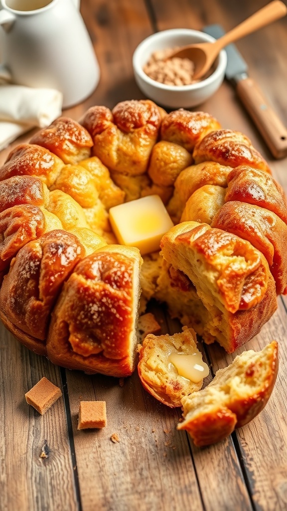 A close-up of monkey bread made from biscuit dough, golden and gooey, on a rustic table.